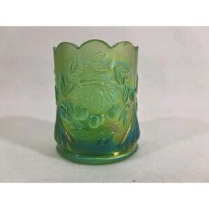 Joe St. Clair green carnival glass wreathed cherry toothpick holder vintage